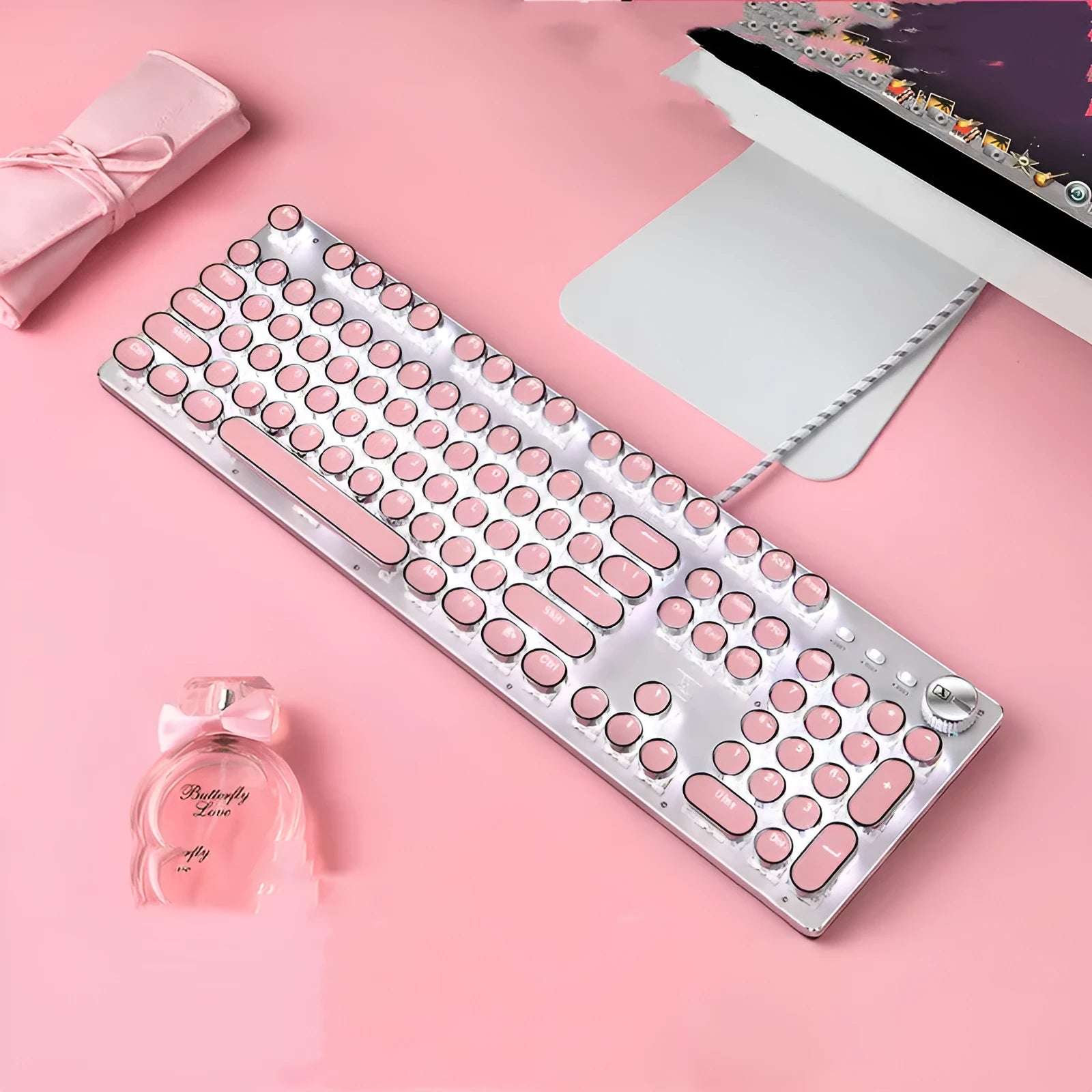 Queen Lipstick mechanical keyboard with green switches, pink keys on silver base