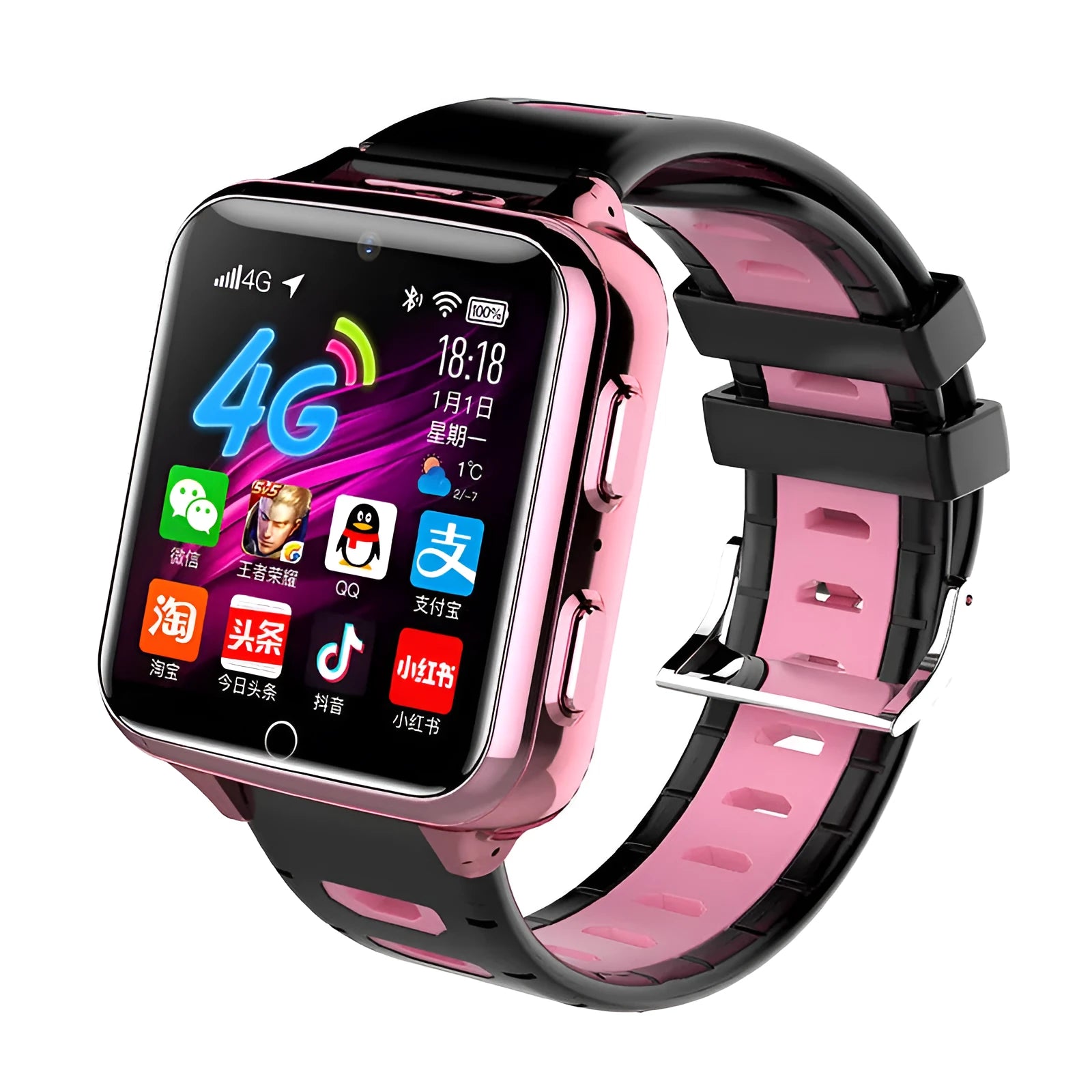 Children's smart watch with sport strap in black, blue, or pink showing 1.54 inch screen