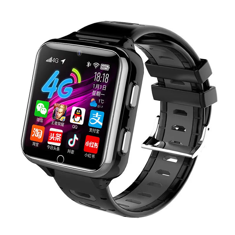 Children's smart watch with sport strap in black, blue, or pink showing 1.54 inch screen