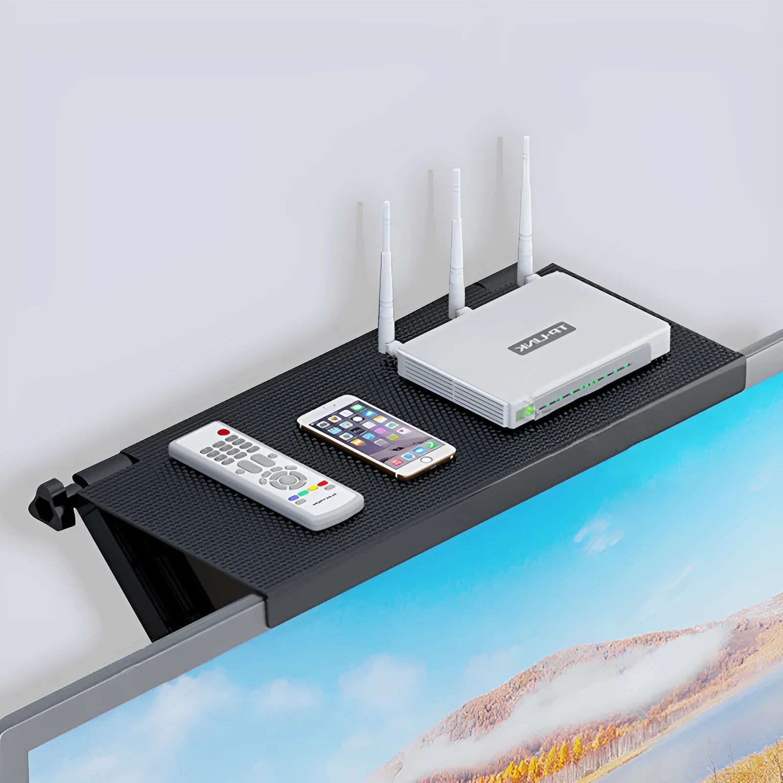 Plastic hook-on desktop storage rack for TV set-top boxes and routers in various colours