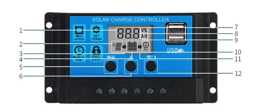 Solar charge controller 12V 24V with light control, time control, dual USB ports, 10A to 60A options