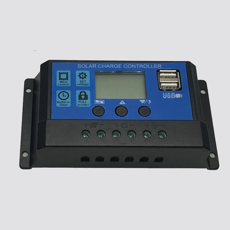 Solar charge controller 12V 24V with light control, time control, dual USB ports, 10A to 60A options