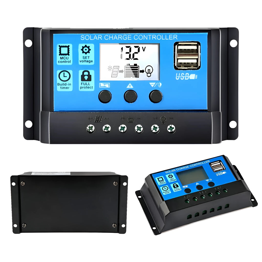 Solar charge controller 12V 24V with light control, time control, dual USB ports, 10A to 60A options