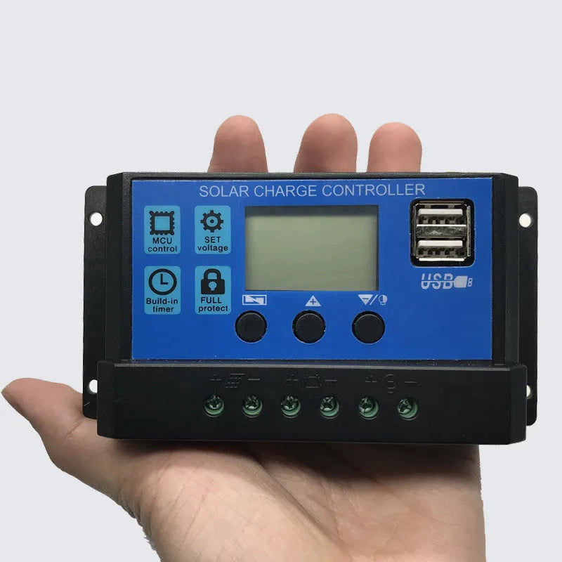 Solar charge controller 12V 24V with light control, time control, dual USB ports, 10A to 60A options