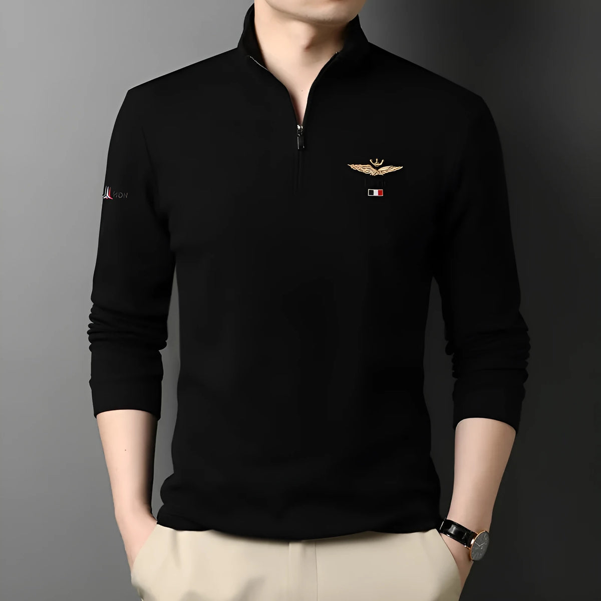 Men's long-sleeved 100% cotton stand-up collar T-shirt in loose fit with embroidered detail, available in seven colours