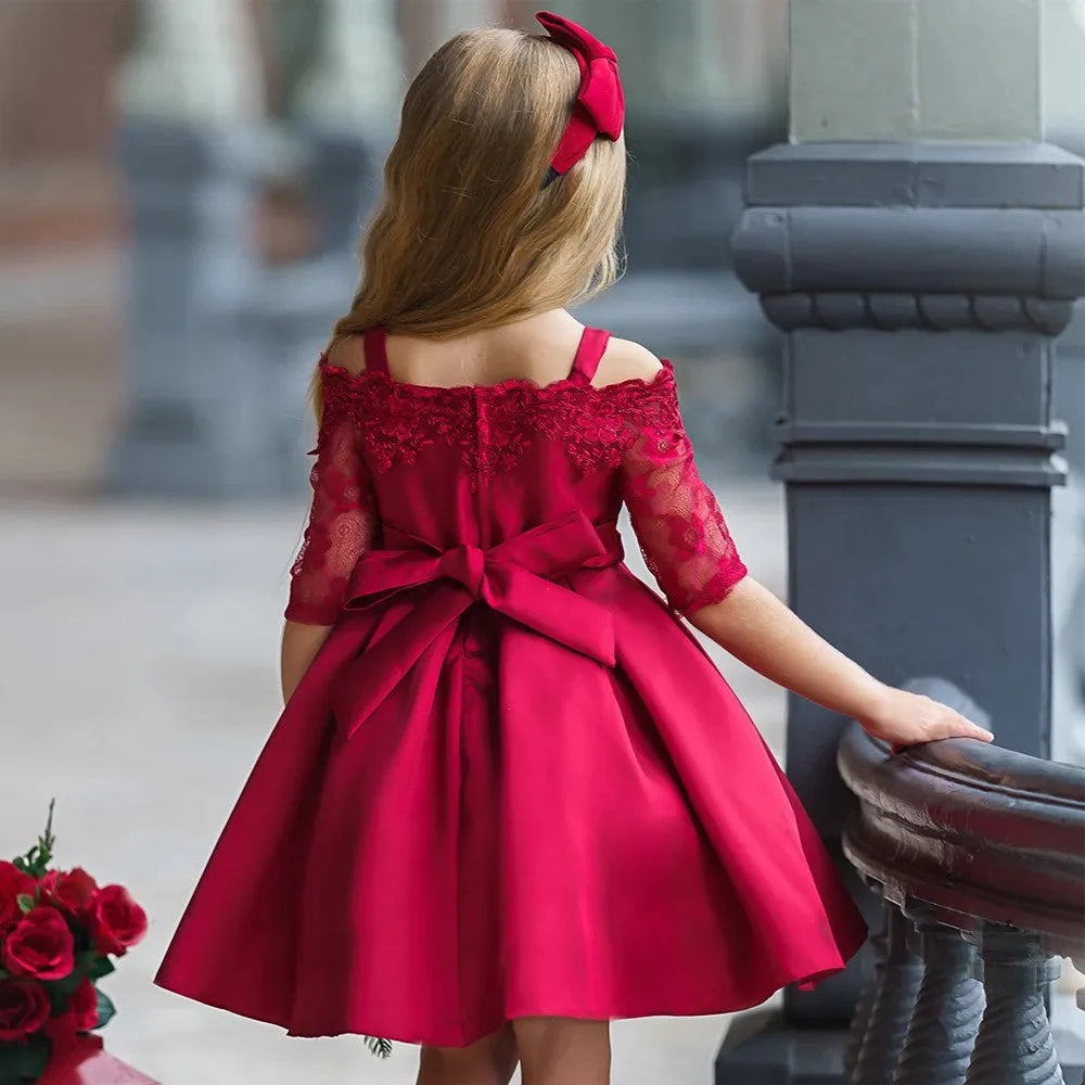 Girls simple lace-trimmed polyester dress in red, available in sizes 3T to 10T.