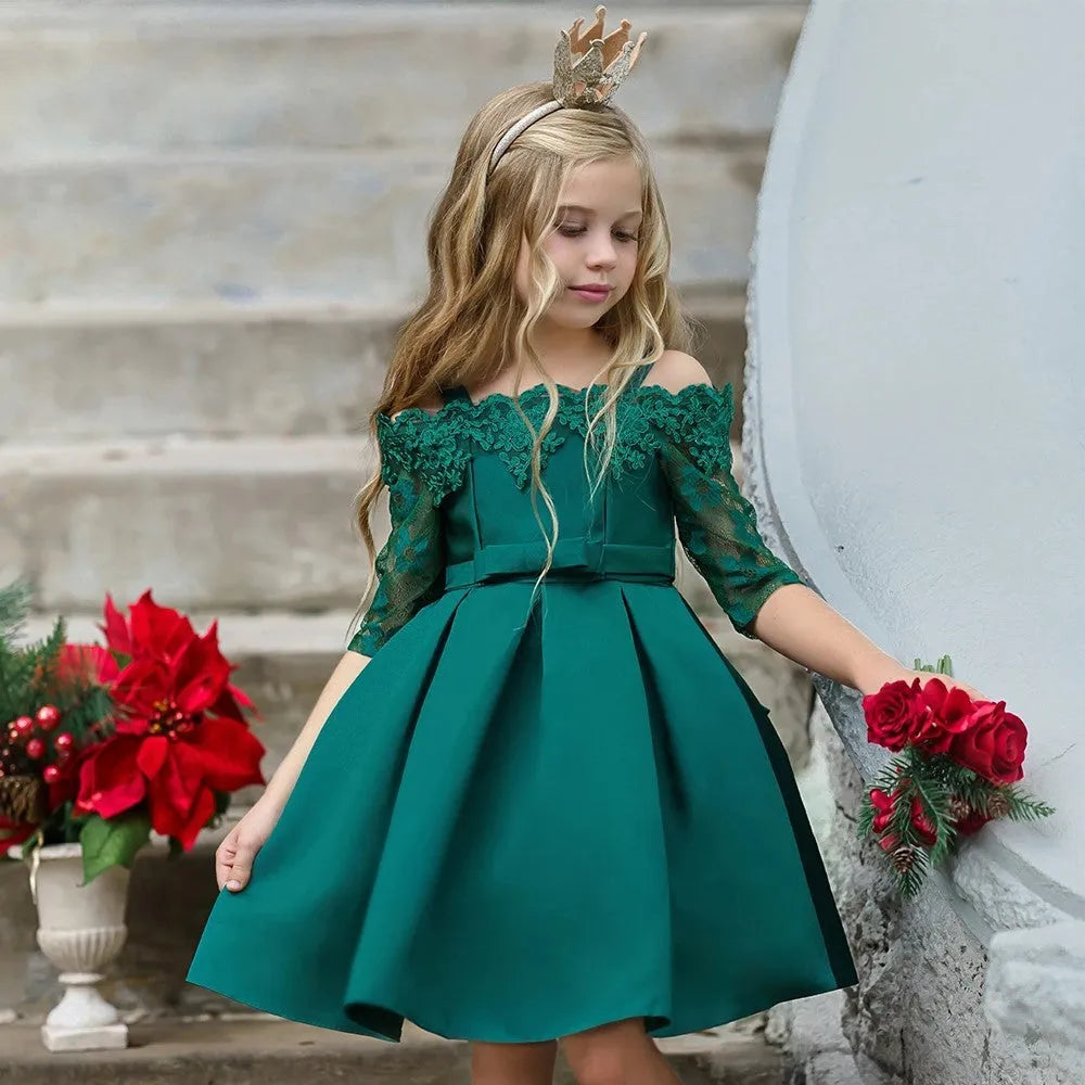 Girls simple lace-trimmed polyester dress in red, available in sizes 3T to 10T.