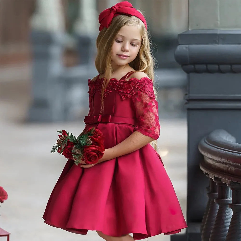 Girls simple lace-trimmed polyester dress in red, available in sizes 3T to 10T.