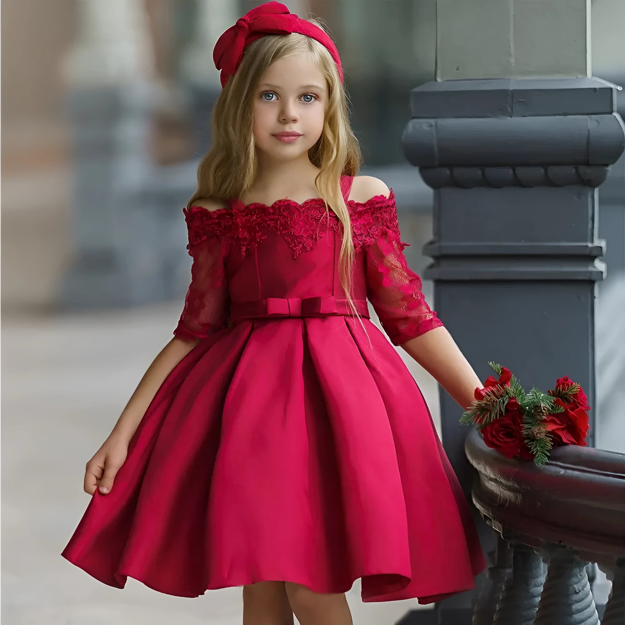 Girls simple lace-trimmed polyester dress in red, available in sizes 3T to 10T.