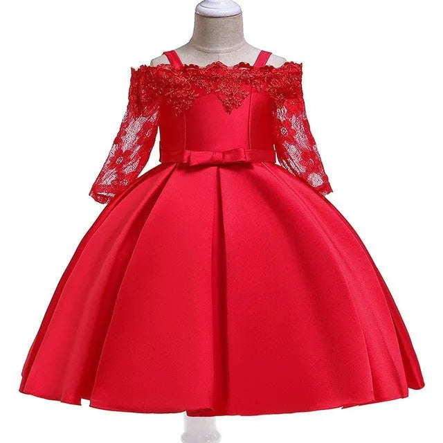 Girls simple lace-trimmed polyester dress in red, available in sizes 3T to 10T.