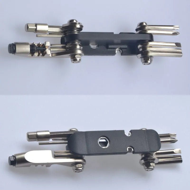 Chrome vanadium steel bicycle repair combination tool in black, red, yellow, or blue, showing compact size.