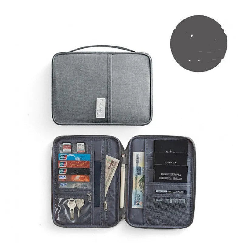 Cationic fabric passport cover in blue with zipped closure, shown next to storage bag.