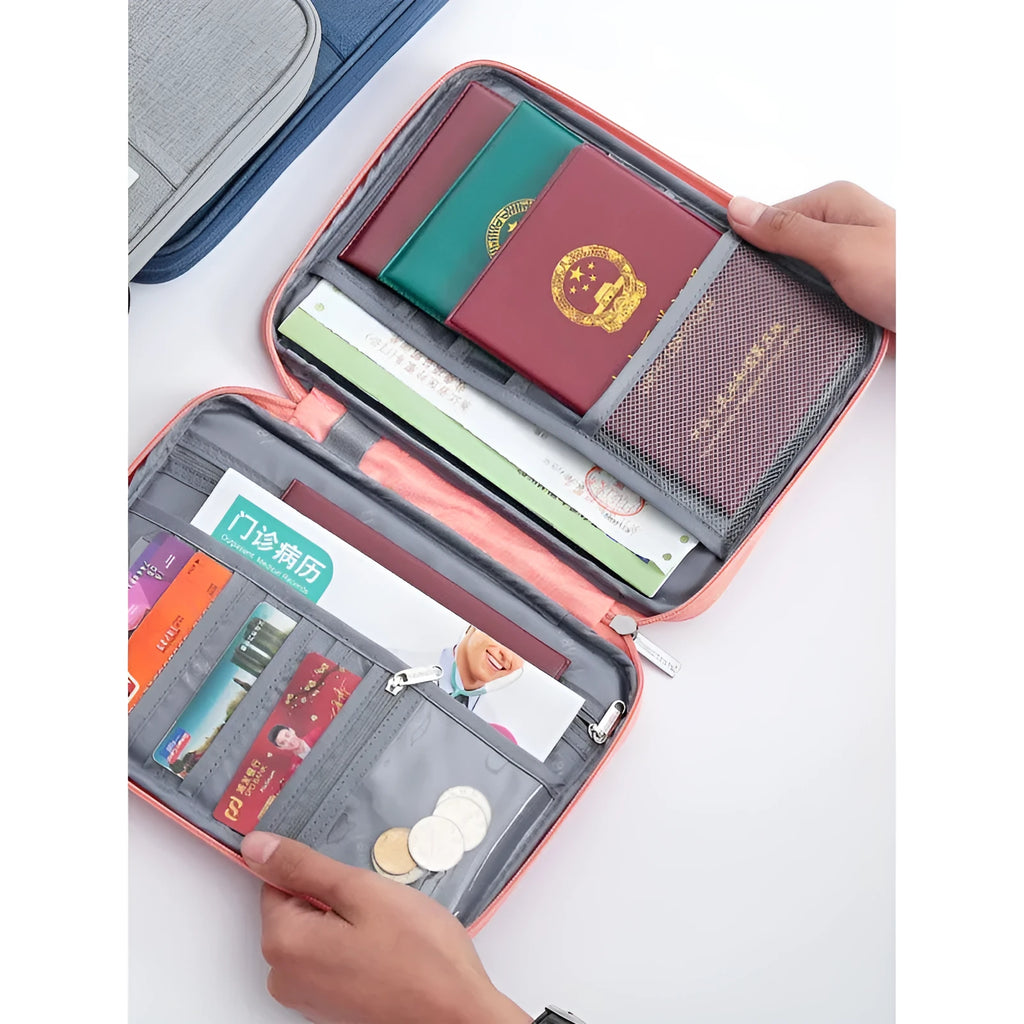 Cationic fabric passport cover in blue with zipped closure, shown next to storage bag.