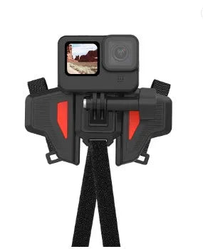 Black GoPro motorcycle helmet chin strap mount with stainless steel fasteners for universal sports cameras