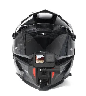 Black GoPro motorcycle helmet chin strap mount with stainless steel fasteners for universal sports cameras