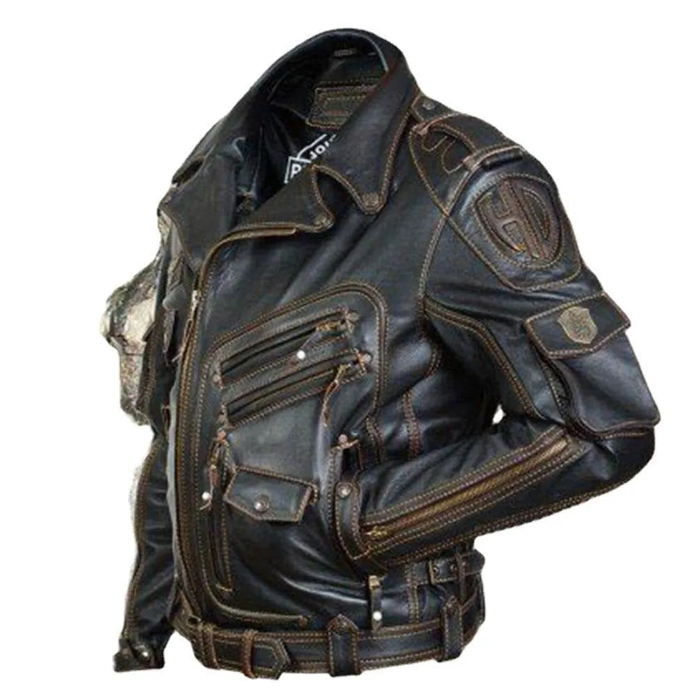 Black faux leather multi pocket zipper jacket on display, front view, non-hooded design