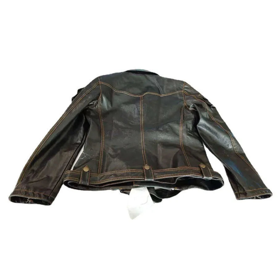 Black faux leather multi pocket zipper jacket on display, front view, non-hooded design