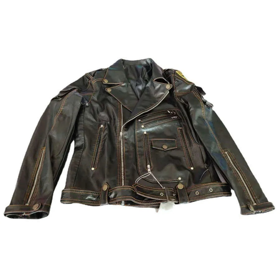 Black faux leather multi pocket zipper jacket on display, front view, non-hooded design