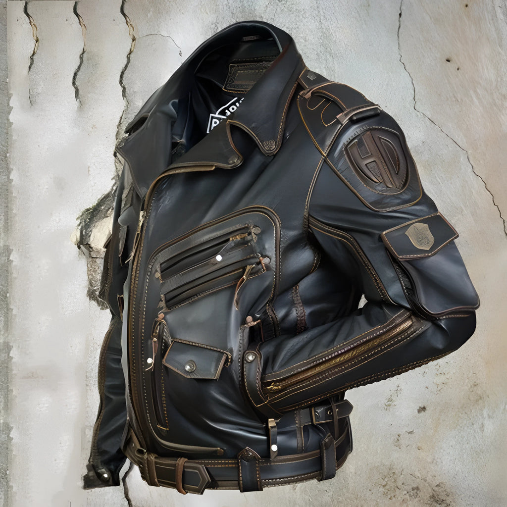 Black faux leather multi pocket zipper jacket on display, front view, non-hooded design