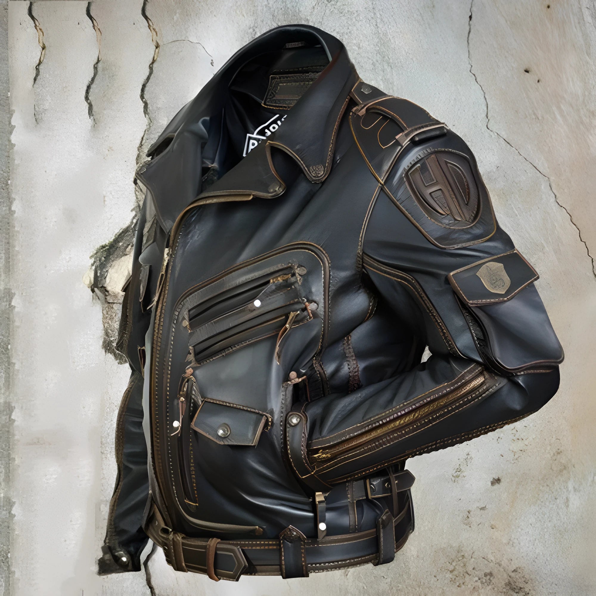Black faux leather multi pocket zipper jacket on display, front view, non-hooded design