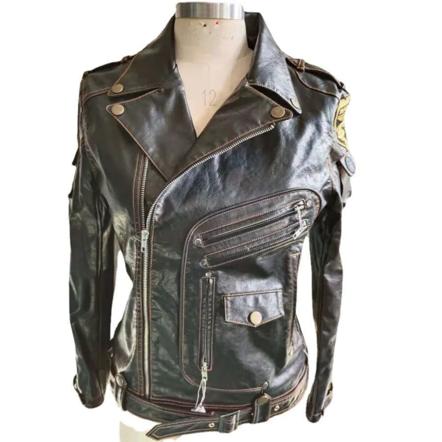 Black faux leather multi pocket zipper jacket on display, front view, non-hooded design