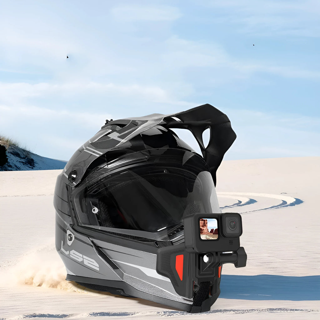 Black GoPro motorcycle helmet chin strap mount with stainless steel fasteners for universal sports cameras