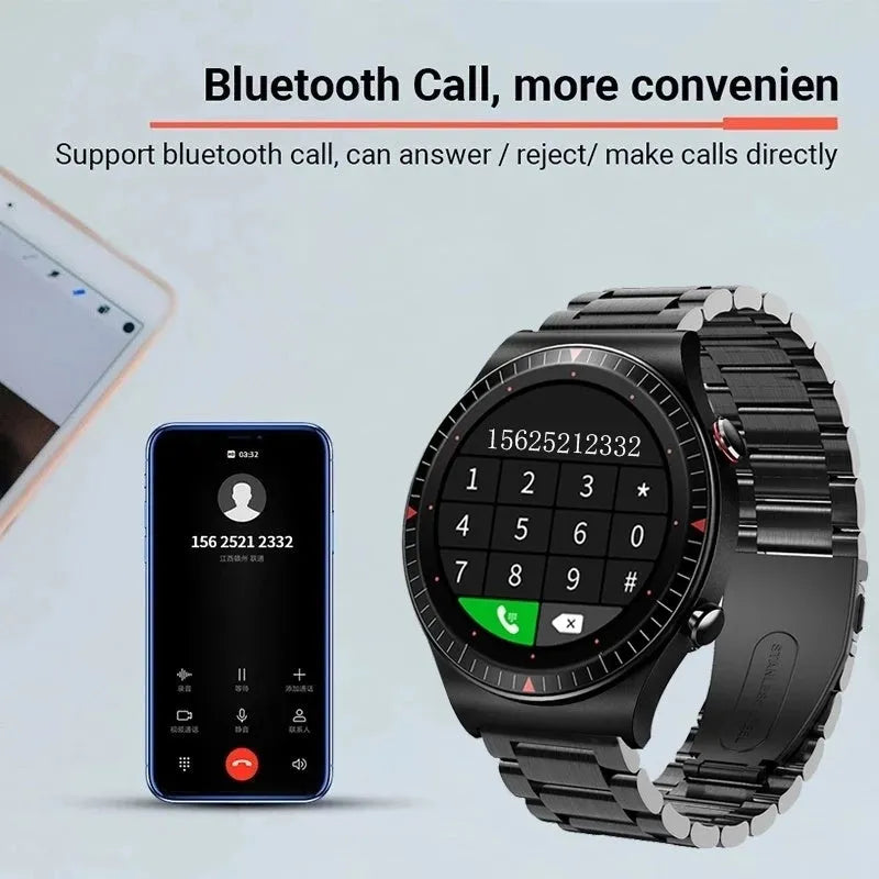 Black smart watch with circular touch screen on a silicone strap, showing call and health tracking interface.