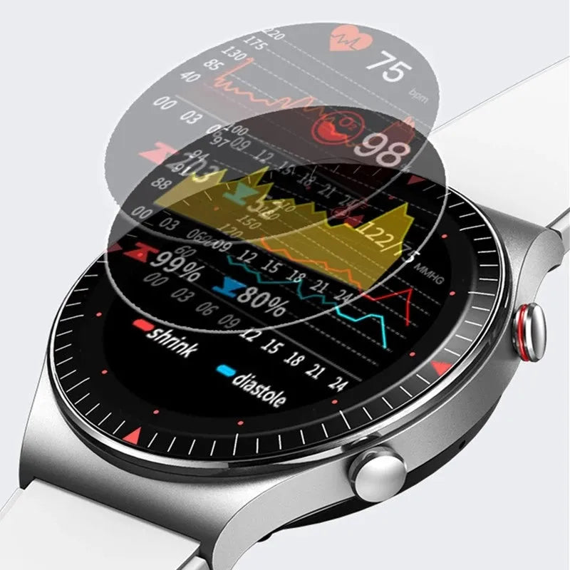 Black smart watch with circular touch screen on a silicone strap, showing call and health tracking interface.