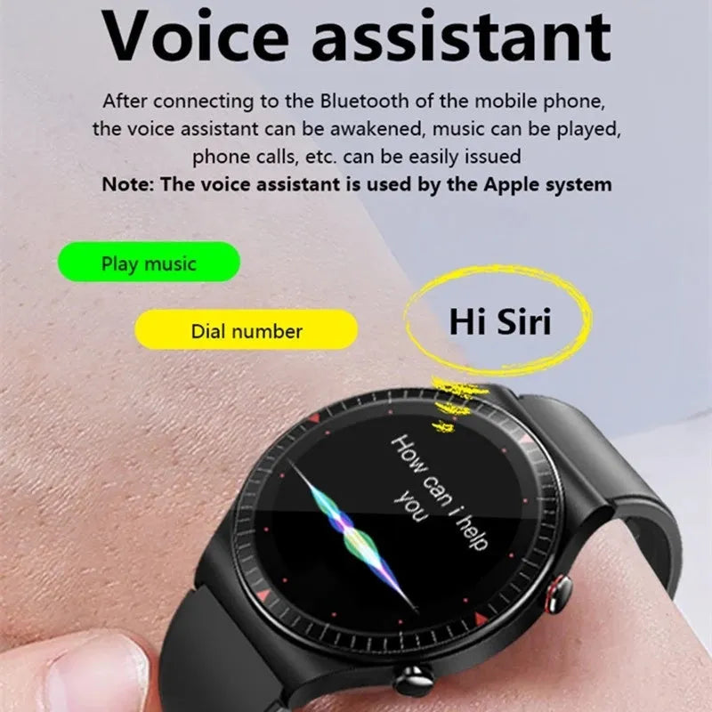 Black smart watch with circular touch screen on a silicone strap, showing call and health tracking interface.