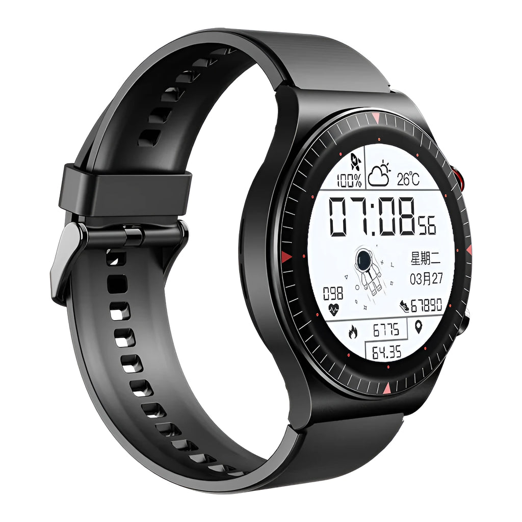 Black smart watch with circular touch screen on a silicone strap, showing call and health tracking interface.