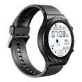 Black smart watch with circular touch screen on a silicone strap, showing call and health tracking interface.