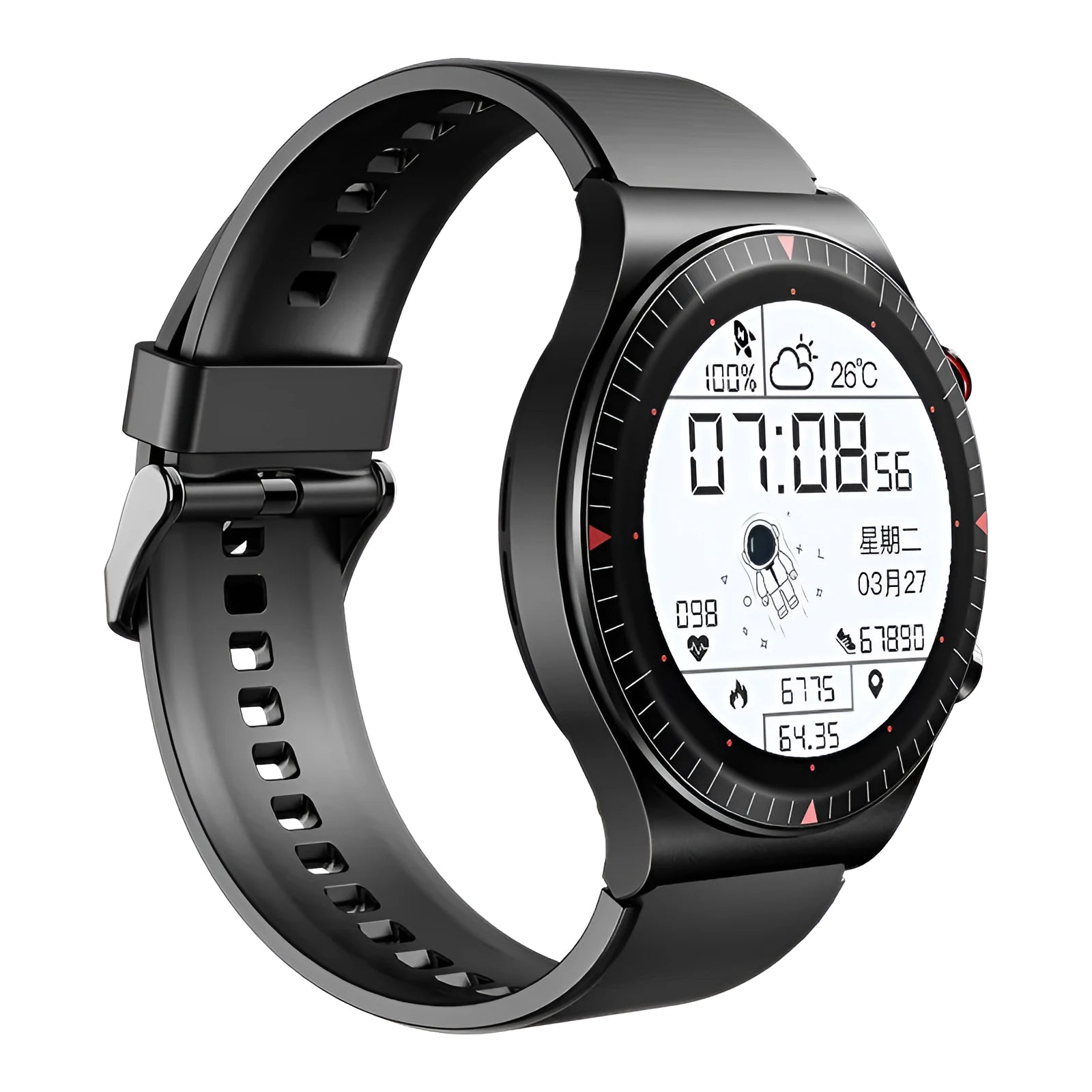 Black smart watch with circular touch screen on a silicone strap, showing call and health tracking interface.