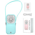 Black USB rechargeable hands-free neck fan with dual cooling fans worn around a person's neck.