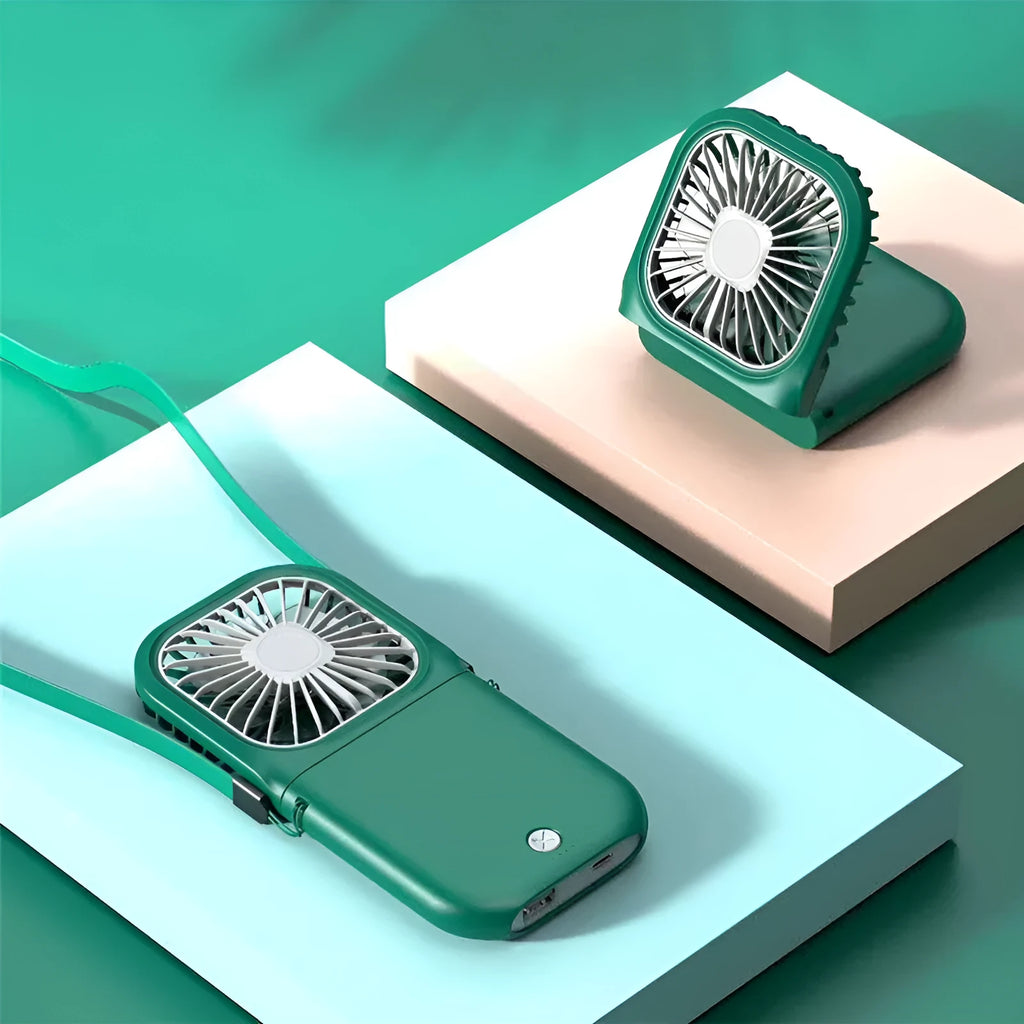 Black USB rechargeable hands-free neck fan with dual cooling fans worn around a person's neck.