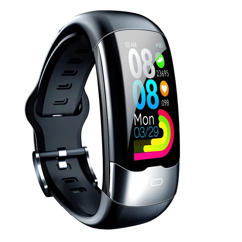 Black smart fitness tracker bracelet with digital display for heart rate and sleep monitoring.
