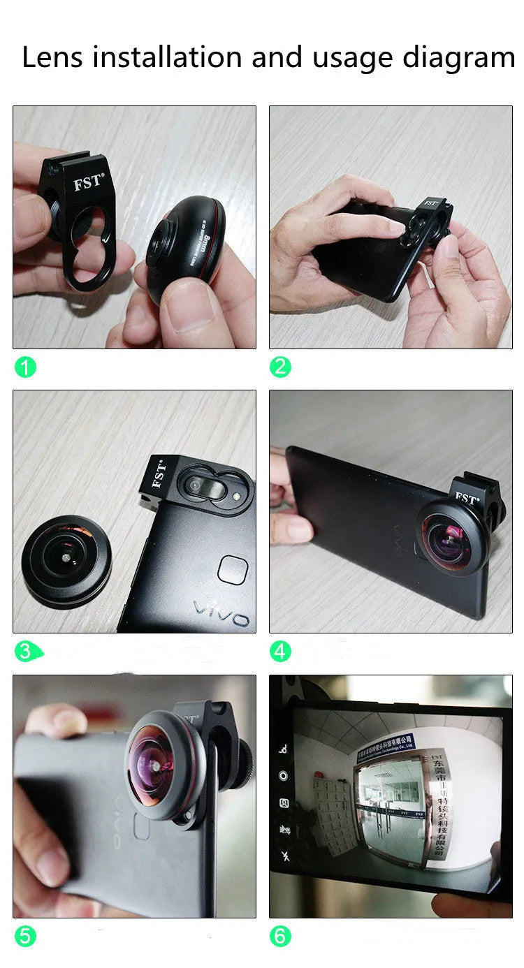 Mobile phone external lens kit with wide-angle, macro, fisheye and portrait attachments and universal mounting clamp