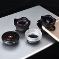 Mobile phone external lens kit with wide-angle, macro, fisheye and portrait attachments and universal mounting clamp
