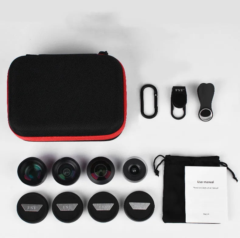 Mobile phone external lens kit with wide-angle, macro, fisheye and portrait attachments and universal mounting clamp