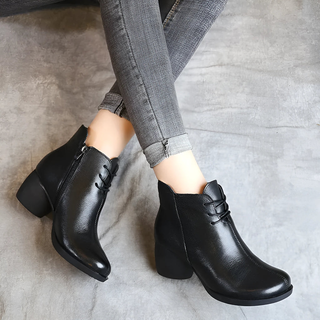 Women's black leather Martin boots with thick 3-5cm heel and round toe design