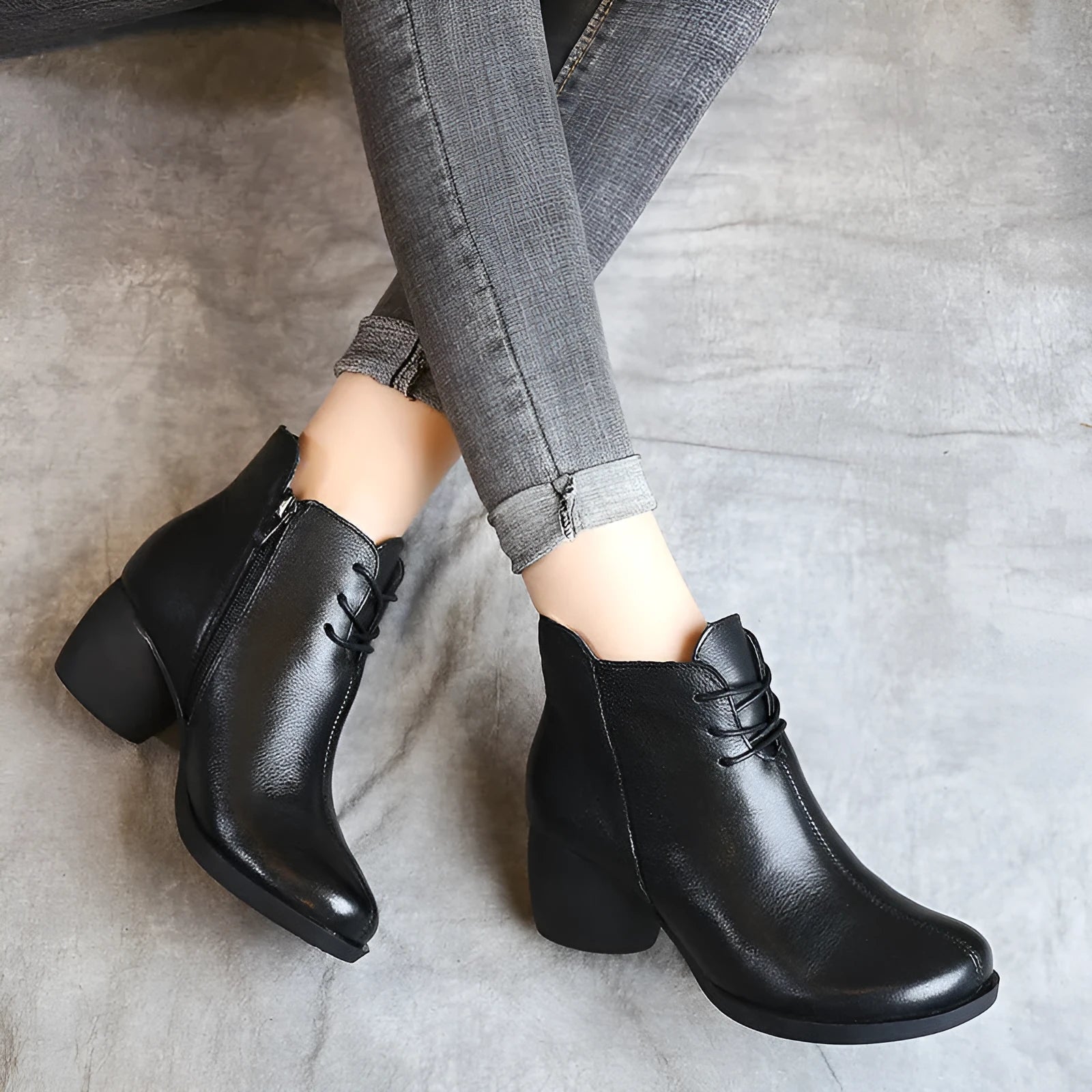 Women's black leather Martin boots with thick 3-5cm heel and round toe design