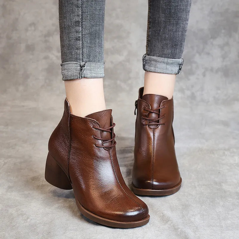 Women's black leather Martin boots with thick 3-5cm heel and round toe design