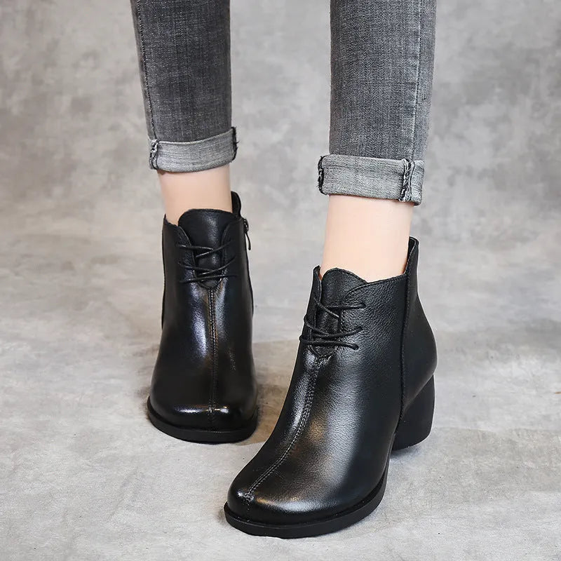 Women's black leather Martin boots with thick 3-5cm heel and round toe design