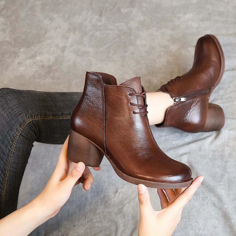 Women's black leather Martin boots with thick 3-5cm heel and round toe design