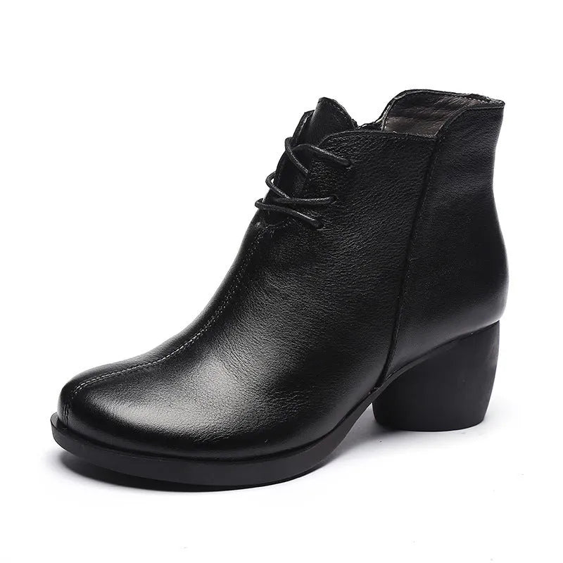 Women's black leather Martin boots with thick 3-5cm heel and round toe design