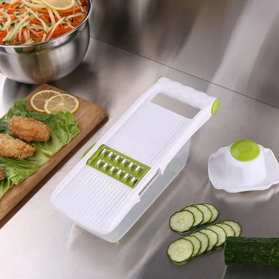 Multi-function vegetable chopper with 8 stainless steel blades, 28cm, brown plastic body, safety protector and blades on display