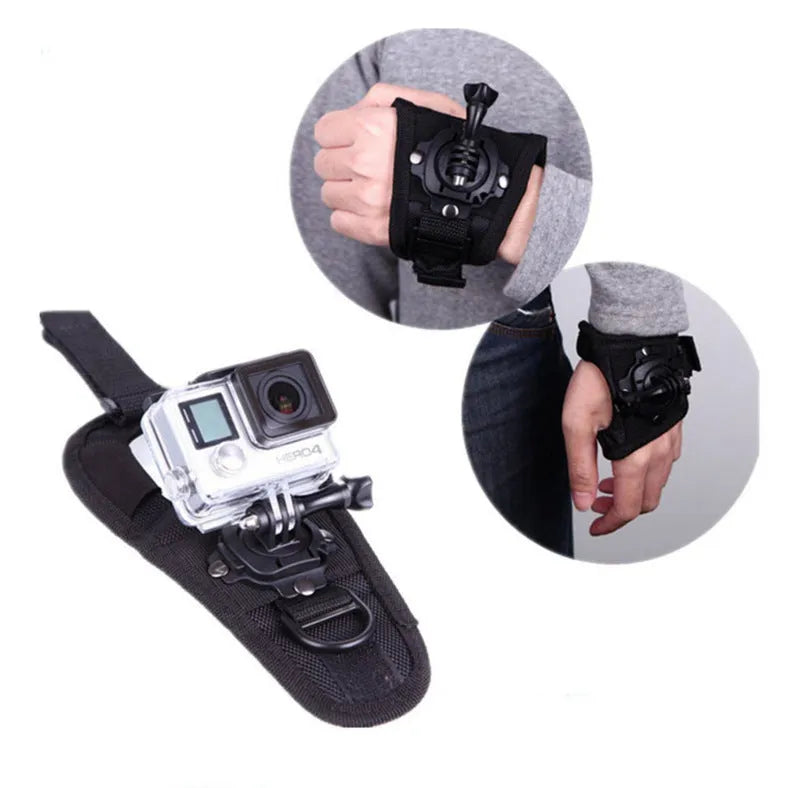 Black GoPro rotating wrist strap mounted on a hand, showing 360-degree rotation mechanism for action cameras.