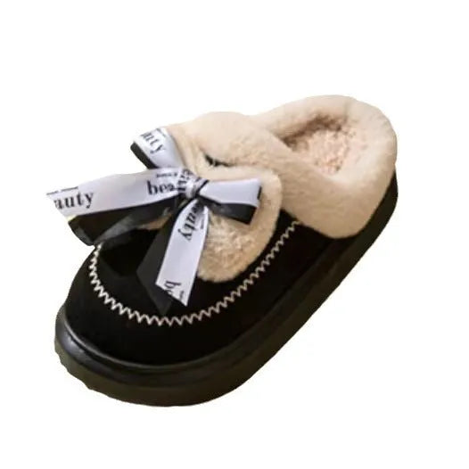 Women's beige suede half slippers with a ribbon bow and thick light-coloured sole