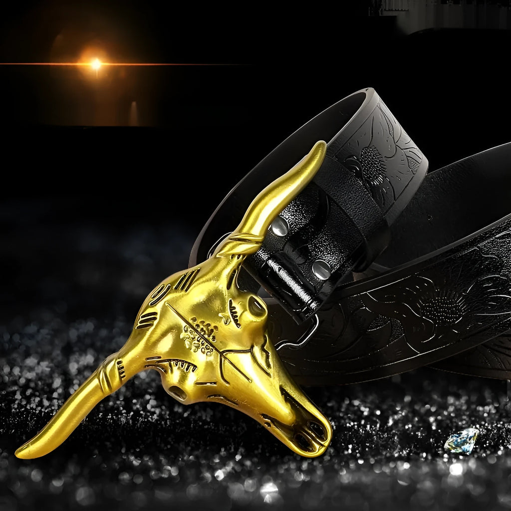 Men's imitation leather belt with decorative alloy cow head buckle in black or brown colours