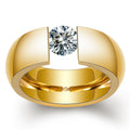 Titanium steel geometric ring with diamond treatment in gold colour finish on white background