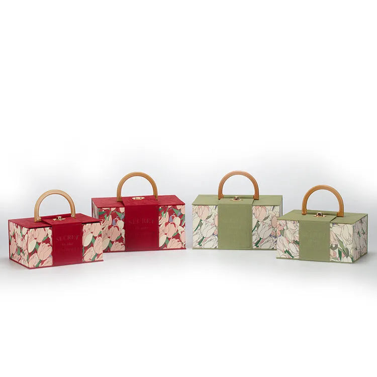 French tulip flannel cloth cosmetic case in red, shown with gift box packaging